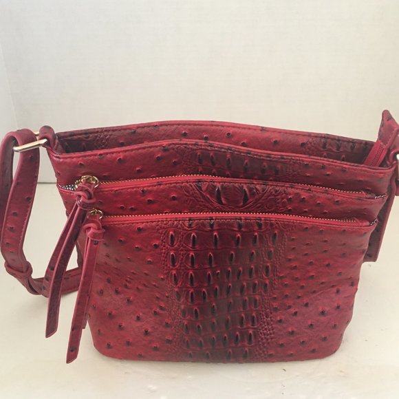 Red Croc Faux Leather Shoulder Bag Cross Body Shoulder Purse Cell Pocket Zipper - Picture 3 of 11